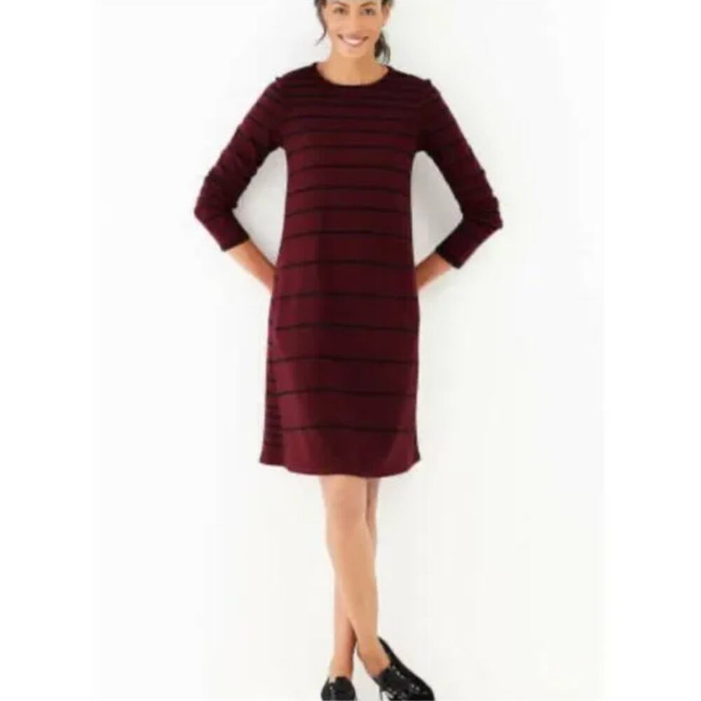 J Jill Striped Knit Shift Dress Womens L Burgundy Black L/S Pockets Cotton Modal